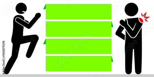 Abstract Minimalist Stick Figure Silhouette of Two Characters Beside Vibrant Green Information Banners for Medical Health Awareness Physical Therapy Guides and Professional Wellness Branding