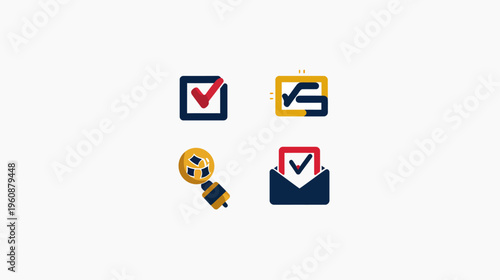 Four icons illustrating checkmarks, envelopes, and a magnifying glass, using geometric shapes and colors Free Download Four icons illustrating checkmarks, envelopes, and a magnifying glass, using geometric shapes and colors - GFXLoad