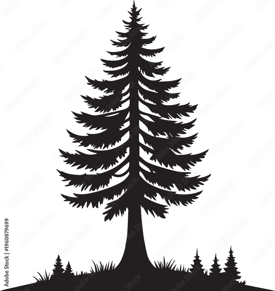 Fototapeta premium Silhouette of a coniferous tree against a white background with smaller trees