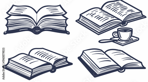 Four black and white illustrations of open books, with a coffee cup and saucer in one