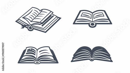 Four stylized illustrations of open books, presented in a minimalist, outline style