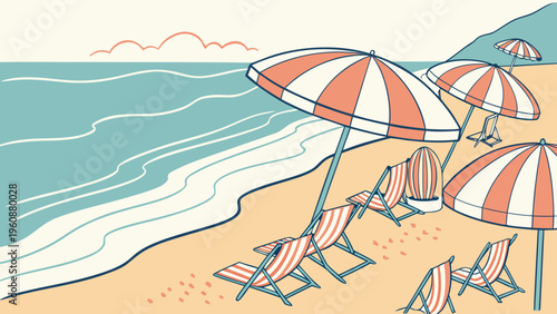 Sunny Beach Umbrellas Lounge Chairs Flat Vector