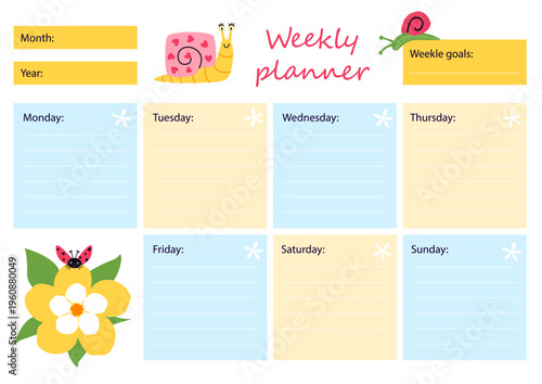 Playful weekly planner with snails, beetle, flowers. Educational layout for all weekdays, goals. Vector schedule for productivity, self organization, to do list.