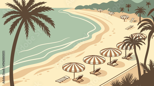 Sunny Beach Umbrellas Lounge Chairs Flat Vector