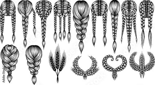 Braided hairstyles collection with intricate plaits, artistic hair braid designs and decorative elements isolated on white background for beauty illustration