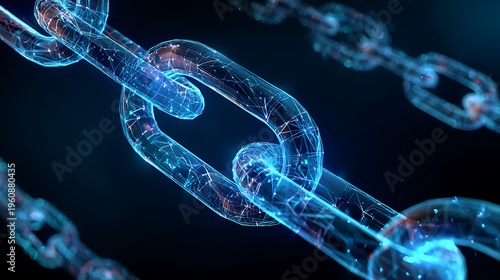 Glowing blue digital chain links connected in a network with intricate geometric wireframe