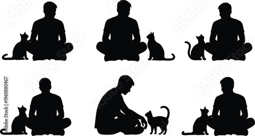 Man sitting with cat silhouettes collection, human and pet interaction poses isolated on white background for lifestyle design