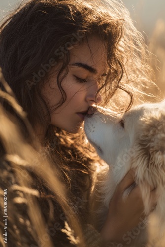 Romantic love theme for Valentines Day. A woman tenderly embracing a white dog in a field of tall grass illuminated by the golden light of the setting sun.