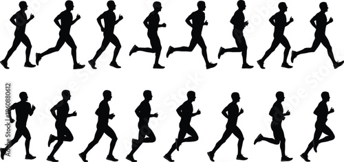 Running people silhouettes set featuring male joggers in motion, side view running poses isolated on white background for fitness design