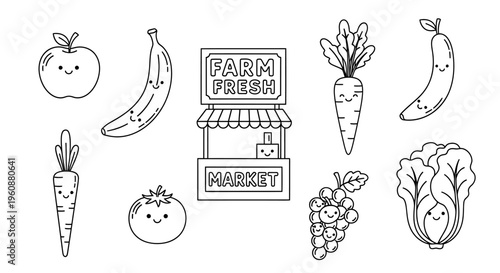 Fresh produce market illustration with smiling fruits and vegetables.