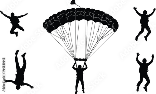 Skydiving and parachute silhouettes set featuring freefall jump poses and parachutist landing isolated on white background for extreme sports design