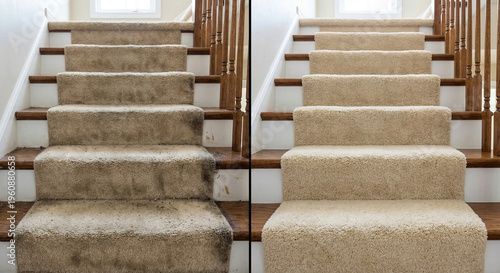 Before and after image of dirty and clean carpeted stairs in a home.