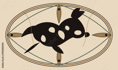 A minimalist graphic illustration featuring a stylized black fawn inside a geometric oval frame