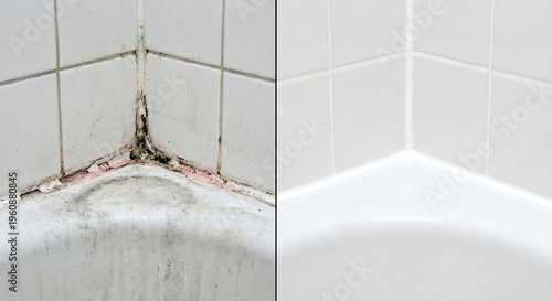 Moldy and clean bathroom corner with white tiles and bathtub.