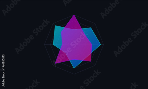 A vibrant digital radar chart featuring overlapping purple and blue data polygons on dark background