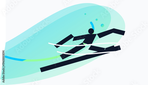 A stylized minimalist illustration of a person surfing on a large cresting turquoise ocean wave
