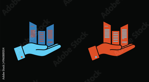 Real estate hands protection vector icon set blue modern style, minimalist flat design with glyph and solid icons for property security, housing and real estate protection concept.