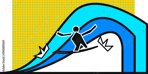 A stylized graphic illustration of a person surfing on a large blue wave against a yellow backdrop
