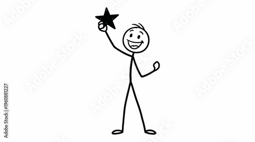 Happy Cartoon Stickman Character Holding Up a Black Star, Celebrating Success and Excellence on Isolated White Background.