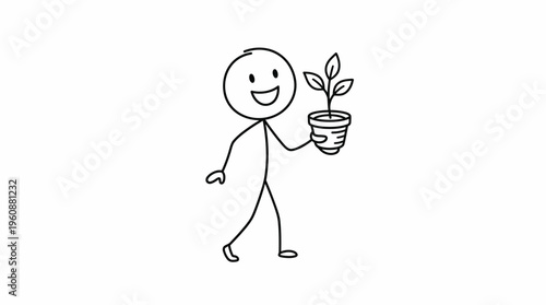 Happy Cartoon Stickman Character Holding a Small Potted Plant, Depicting Environmental Care and Optimism on Isolated White Background.
