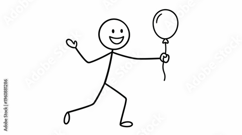 Playful stick figure person happily running while holding a festive balloon, isolated white background.