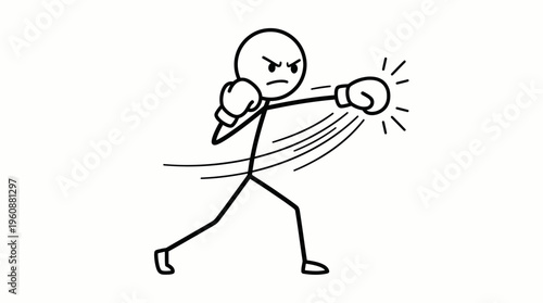 Angry stick figure person boxing aggressively with punching action lines, isolated white background.