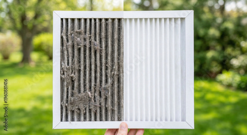 Dirty and clean air filter contrast against a green background.