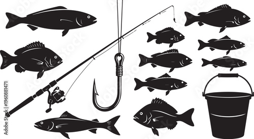 Black and white fishing icons with fish and tackle