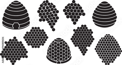 Black and white beehive icons with honeycomb patterns illustration