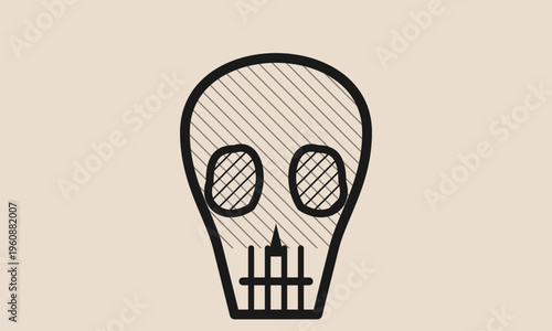 A minimalist graphic illustration featuring a stylized human skull with a simple hatched texture