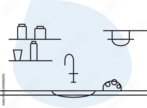 A simple line art illustration of a kitchen sink area with shelves and decorative kitchen elements