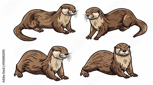 Four cartoon otters in different poses, showcasing their brown fur and expressive faces