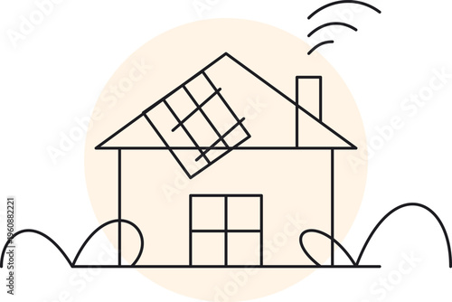 Minimalist line art illustration of a cozy eco-friendly house with solar panels and a chimney