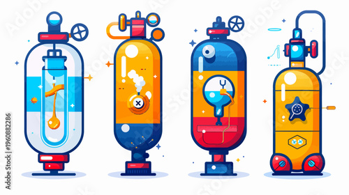 Four colorful, stylized illustrations of industrial-looking cylindrical apparatuses with unique details