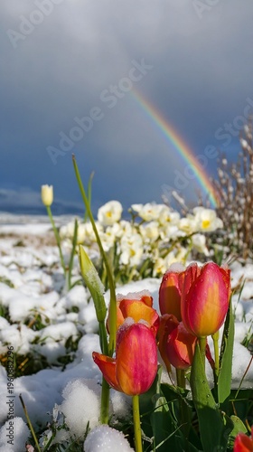 Spring flowers in snow with rainbow.