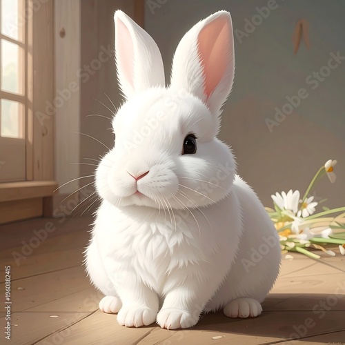 A white rabbit sitting on a wooden floor near flowers