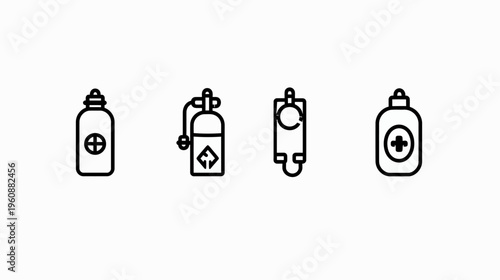 Four black outline icons of medical or healthcare related objects on a white background