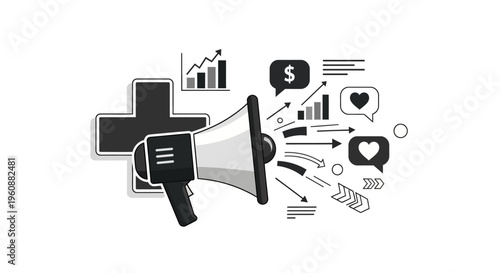 A megaphone with various media icons.