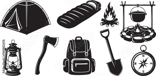 Camping equipment and outdoor adventure gear icons set