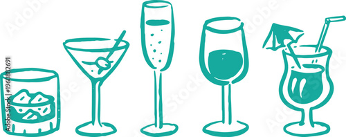 Set of four green cocktail glasses with mint leaves isolated on transparent background