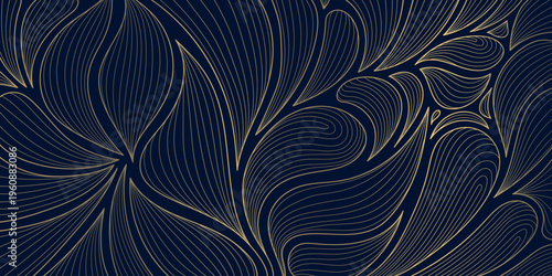 Luxury gold line floral pattern, elegant leaves and flowers, blue background. Vector illustration Japanese ornament, Art Deco, Nouveau style, modern vintage aesthetic, wedding invitations, perfume