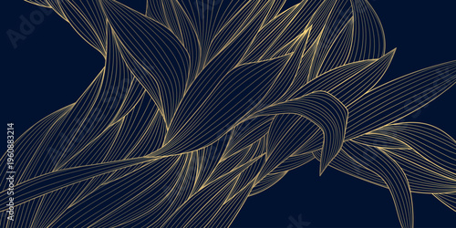 Luxury gold line floral pattern, elegant leaves and flowers, blue background. Vector illustration Japanese ornament, Art Deco, Nouveau style, modern vintage aesthetic, wedding invitations, perfume