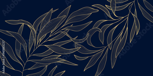 Luxury gold line floral pattern, elegant leaves and flowers, blue background. Vector illustration Japanese ornament, Art Deco, Nouveau style, modern vintage aesthetic, wedding invitations, perfume
