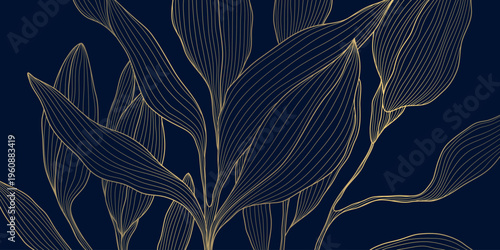 Luxury gold line floral pattern, elegant leaves and flowers, blue background. Vector illustration Japanese ornament, Art Deco, Nouveau style, modern vintage aesthetic, wedding invitations, perfume