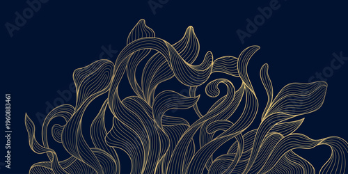 Luxury gold line floral pattern, elegant leaves and flowers, blue background. Vector illustration Japanese ornament, Art Deco, Nouveau style, modern vintage aesthetic, wedding invitations, perfume