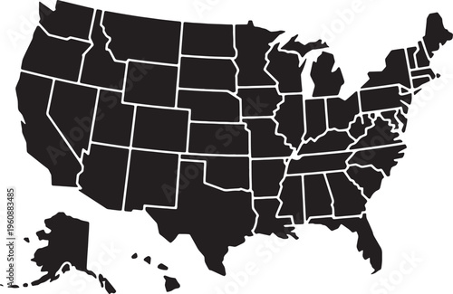 Silhouette of the United States map with state outlines on white background