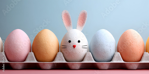 Colorful Easter eggs in a carton with one egg designed as a bunny, showcasing pastel shades of pink, orange, blue, and white against a light blue background