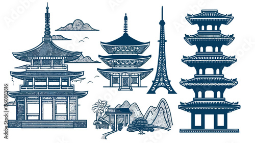 Silhouettes of architecture, including pagodas, towers, and a scene with mountains and trees