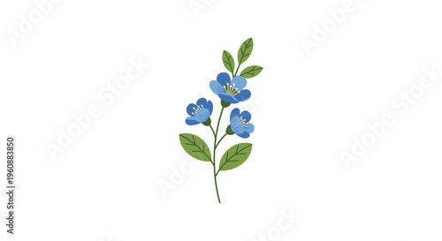 A delicate sprig with three small blue flowers and green leaves extends diagonally on a plain white background.