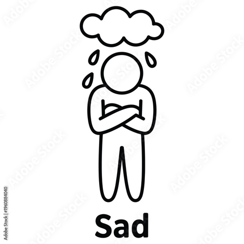 Sad outline icon with color style illustrating unhappy mood, tears and crying for emotional wellbeing, mental health and expressive design.